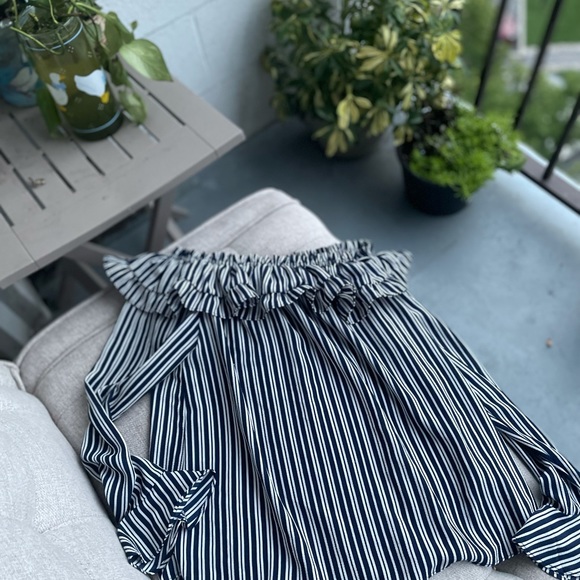 Navy Stripped Flouncy Blouse - Picture 2 of 5